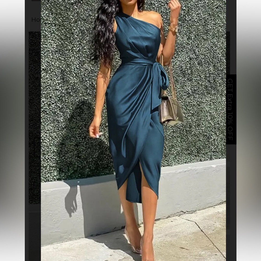 NWT Pretty Garden Dark Blue One Shoulder Ruched Midi Dress Belted Party Dress
